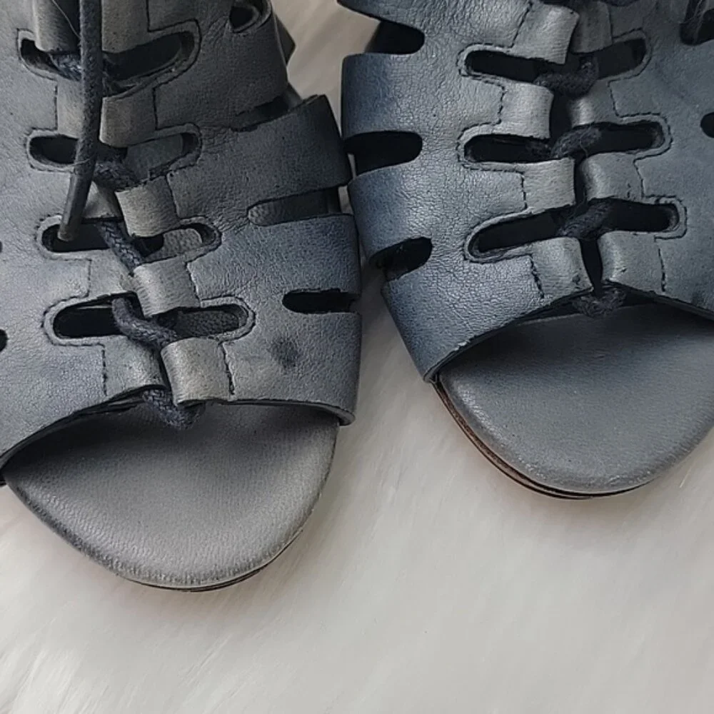 COLE HAAN Gray Blue Lace Up Cut Out Peep Toe Sling Back Wedge Sandal Heels 8 NeW